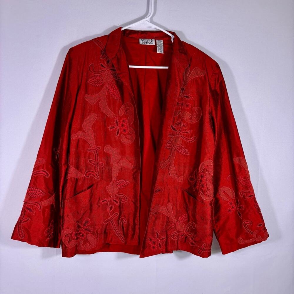 Chicos Red Silk Floral Embroidered Blazer Size Medium 0442